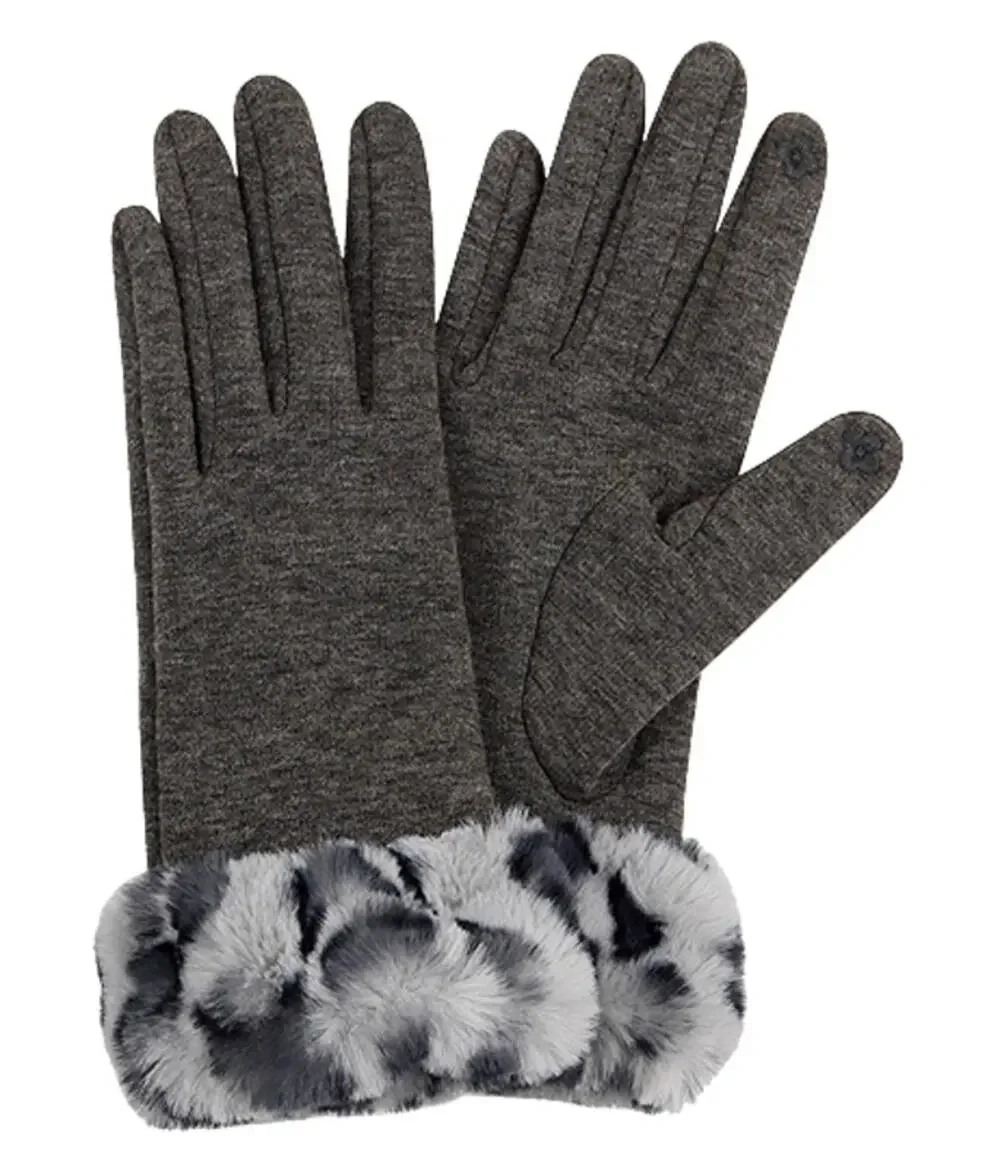 Gray Tech Gloves with Leopard Faux Fur Cuff Adult One Size NEW
